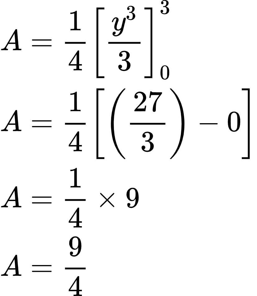 {"code":"\\begin{align*}\n{A}&={\\frac{1}{4}\\left[\\frac{y^{3}}{3}\\right]_{0}^{3}}\\\\\n{A}&={\\frac{1}{4}\\left[\\left(\\frac{27}{3}\\right)-0\\right]}\\\\\n{A}&={\\frac{1}{4}\\times9}\\\\\n{A}&={\\frac{9}{4}}\t\n\\end{align*}","font":{"family":"Arial","color":"#000000","size":10},"id":"11-1-0-1-1-0-1-2","type":"align*","ts":1603518598097,"cs":"rGnLgeREDj7Mv1zRQZbD6Q==","size":{"width":137,"height":158}}