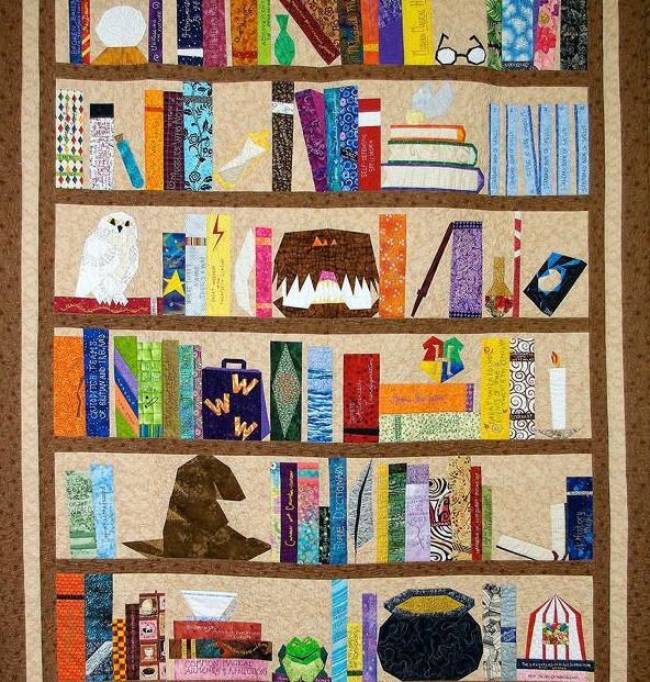 Quilt Featuring Bookshelf Stacked with Books and Other Objects