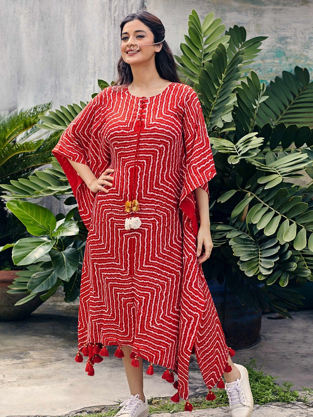 the loom - Red Sequins Embroidered Gajji Silk Bandhani Kaftan