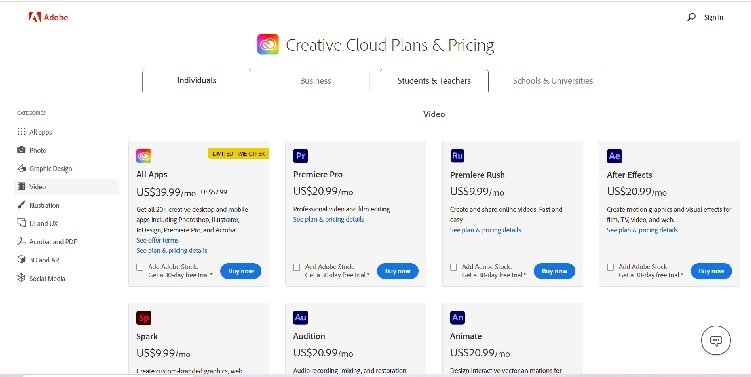 Página de precios de Adobe Premiere Pro CC