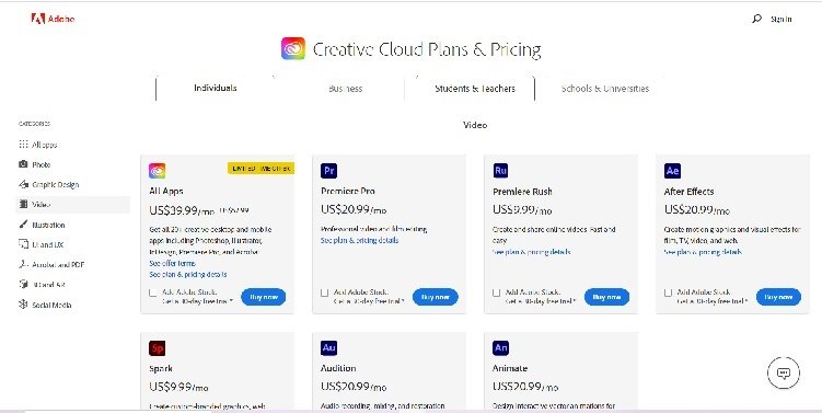 Page de tarification d'Adobe Premiere Pro CC