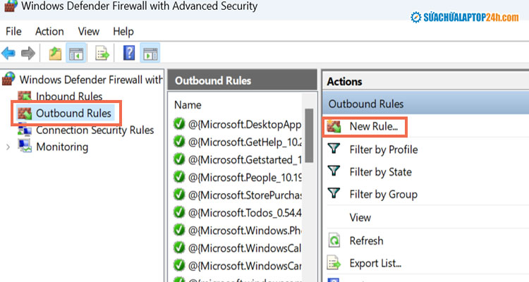 ​  Chọn Outbound Rules và chọn New Rule