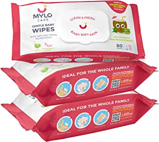 Mylo Care Gentle Anti-Bacterial New Born Baby Wet Wipes with Organic Coconut Oil, Organic Aloe Vera & Neem, Mild Soothing ...