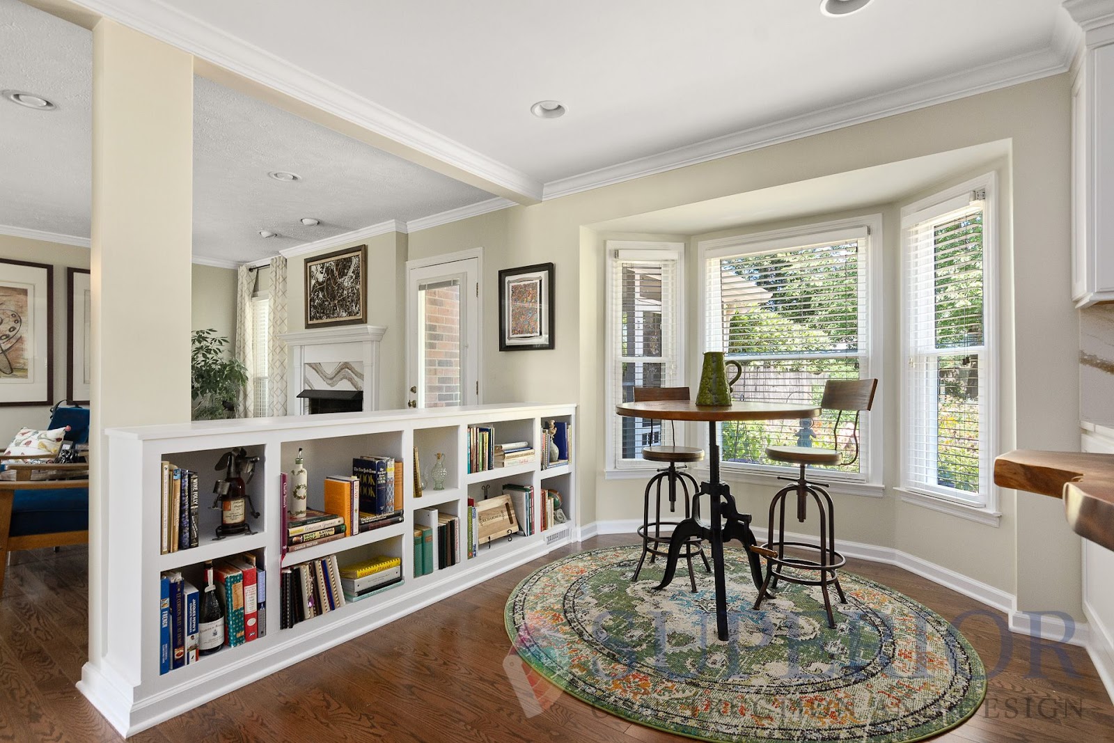 lebanon tn office nook kitchen built-in bookshelves half wall colorful classic