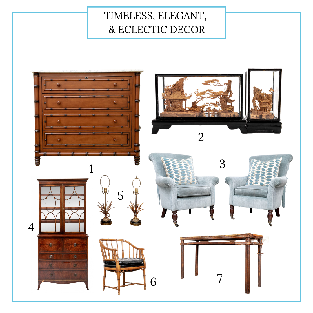1. William Sonoma Home Marble Top Four Drawer Faux Bamboo Form Chest, 2. Pair of Chinese Carved Cork Dioramas including San You, 3. Exquisite Pair of Renfret Upholstered Armchairs, 4. Bevan Funnell Georgian Style Mahogany Secretary, 5. Hollywood Regency Style Pair of Gilt Tole Sheaf of Wheat Table Lamps, 6. Joseph Giannnola Faux Bamboo Chair, 7. Elegant Chinese Carved Wood Altar Table