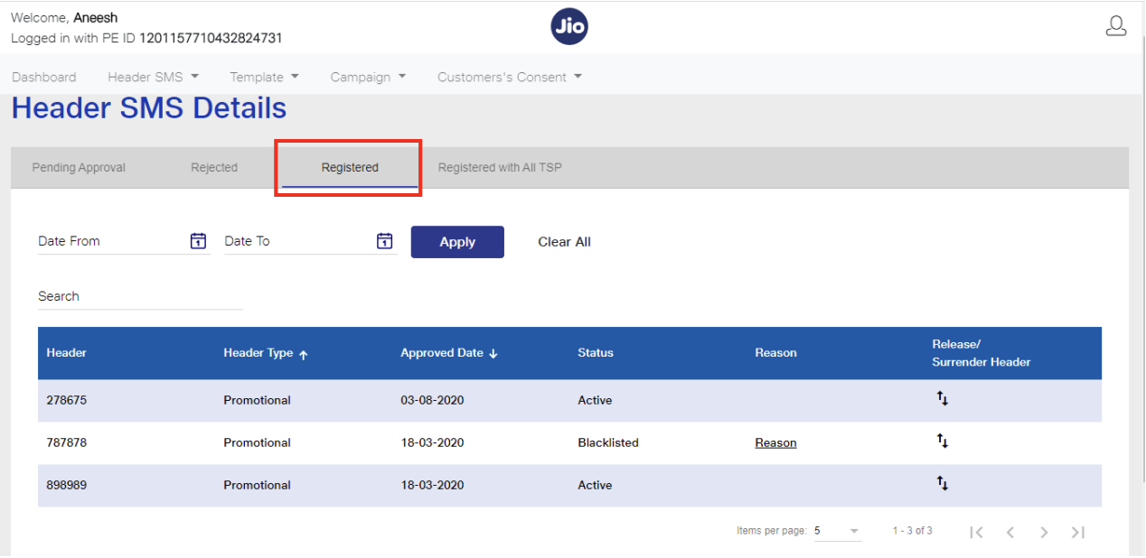 Jio DLT approved a header registration for a Principal entity | SMSCountry