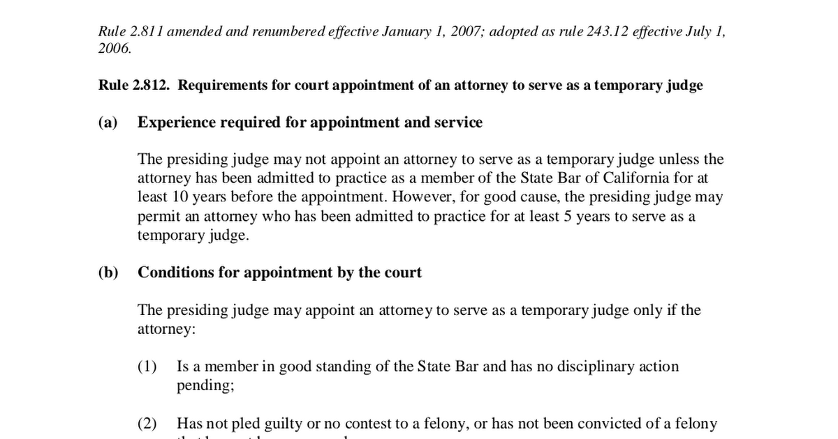 Cal rules of court rule 2 812 temporary judges requirements