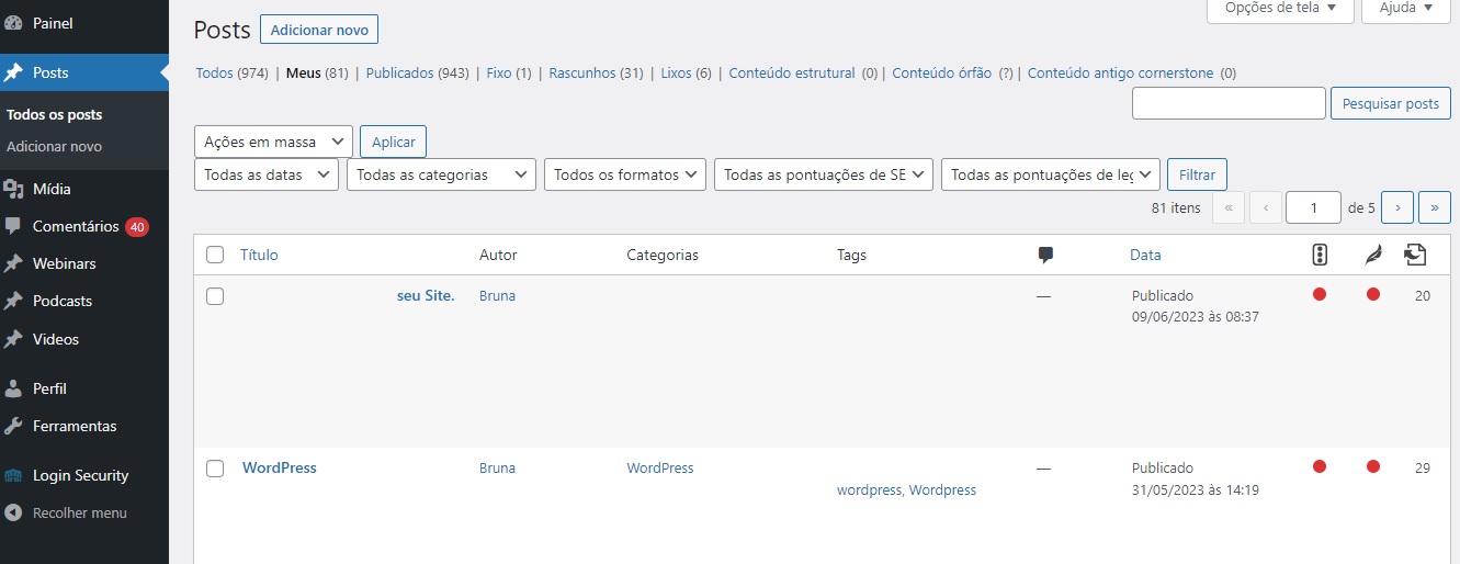 Seção de posts no painel de controle do WordPress