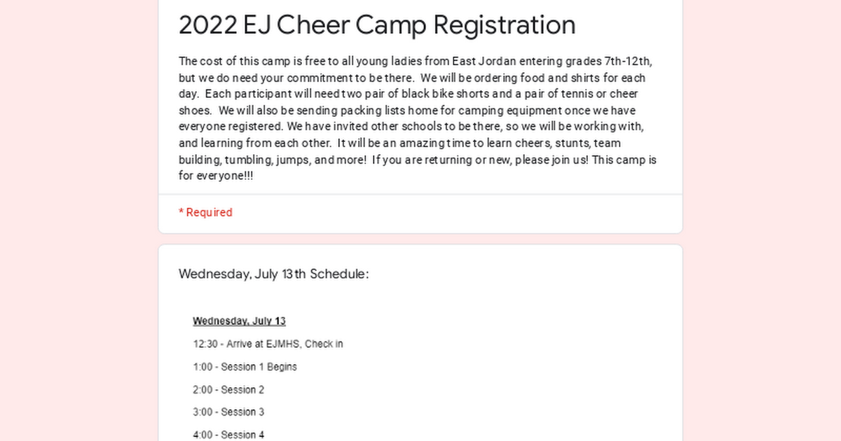 2022 EJ Cheer Camp Registration