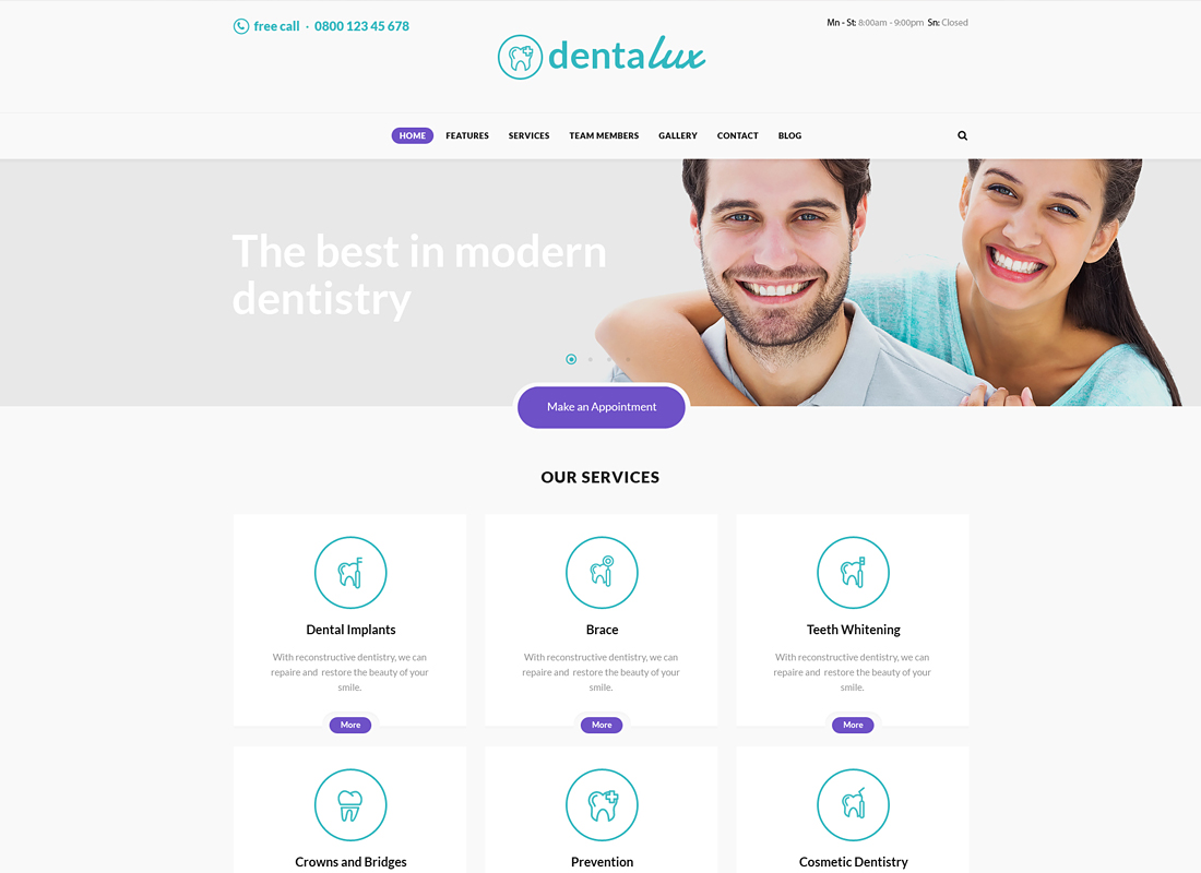 Dentalux |  Un tema de WordPress para dentistas médicos y sanitarios