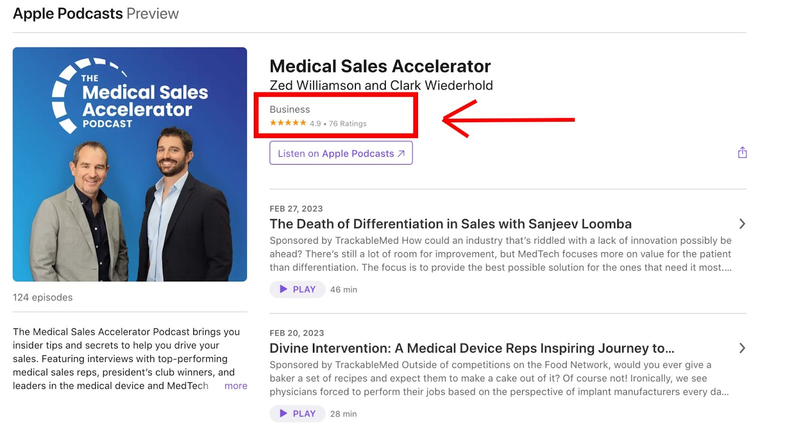 screenshot of medical sales accelerator podcast page with reviews