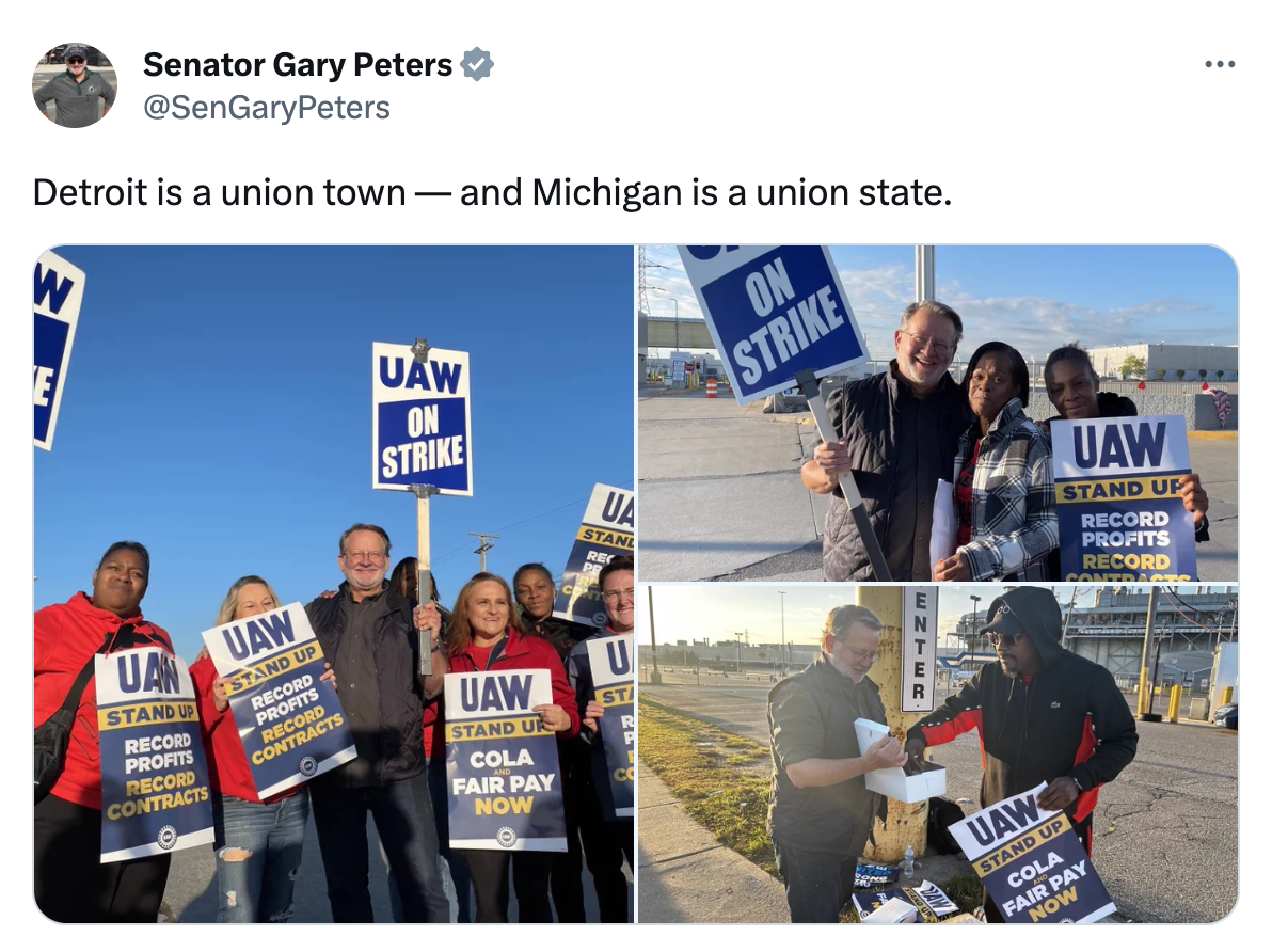 Screenshot of a tweet from Senator Gary Peters supporting the UAW workers on strike with 3 photos of him and workers on the picket line