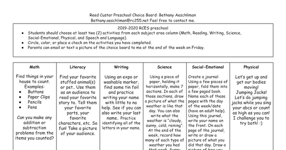 Reed Custer Preschool Choice Board: Week of April 13