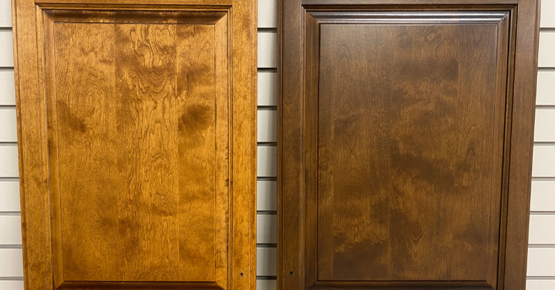 Image of a stained cabinet on the left and a toned cabinet door on the right.