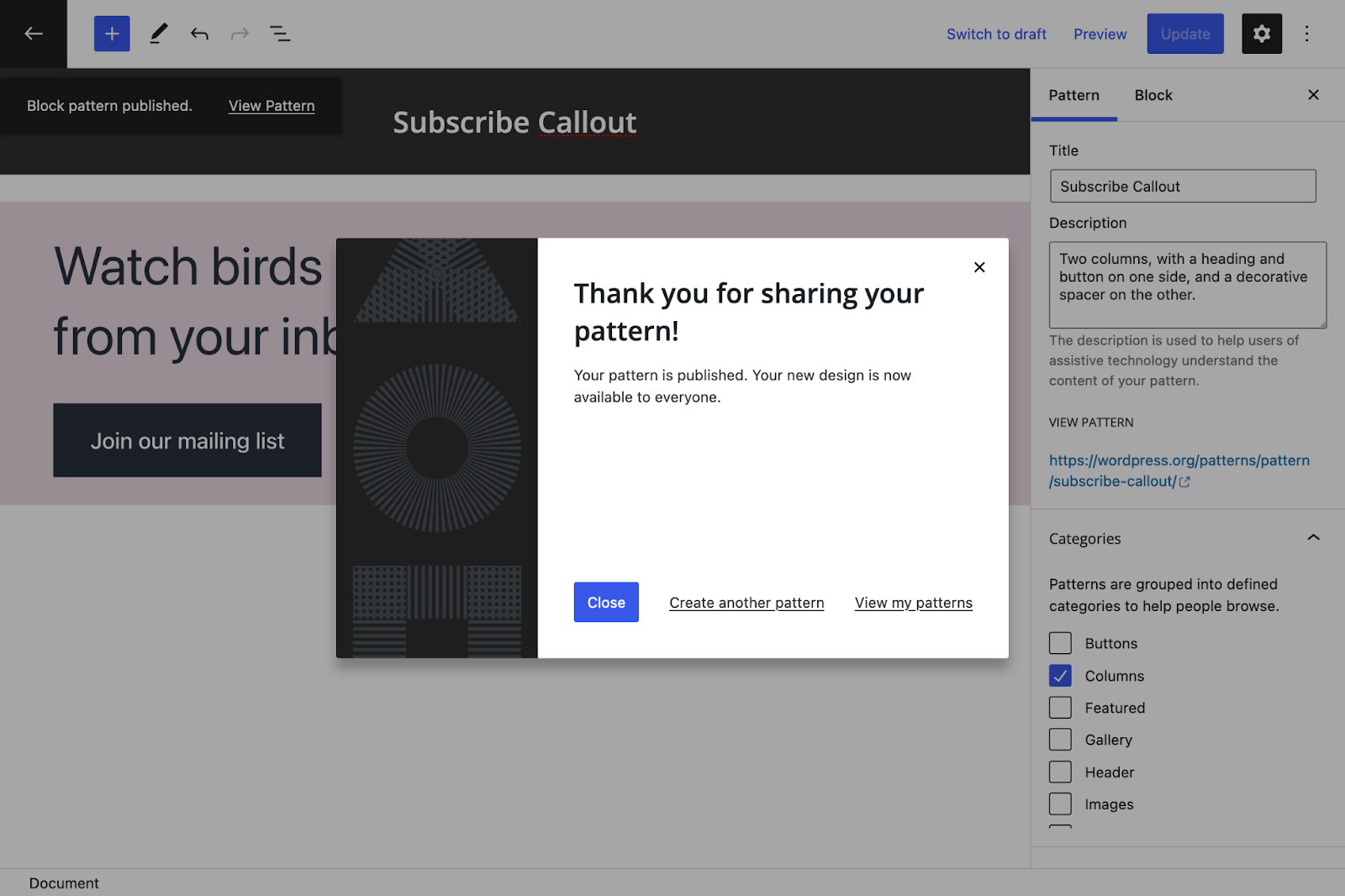 A modal overlay with text: "Thank you for sharing your pattern!" which appears after saving your pattern
