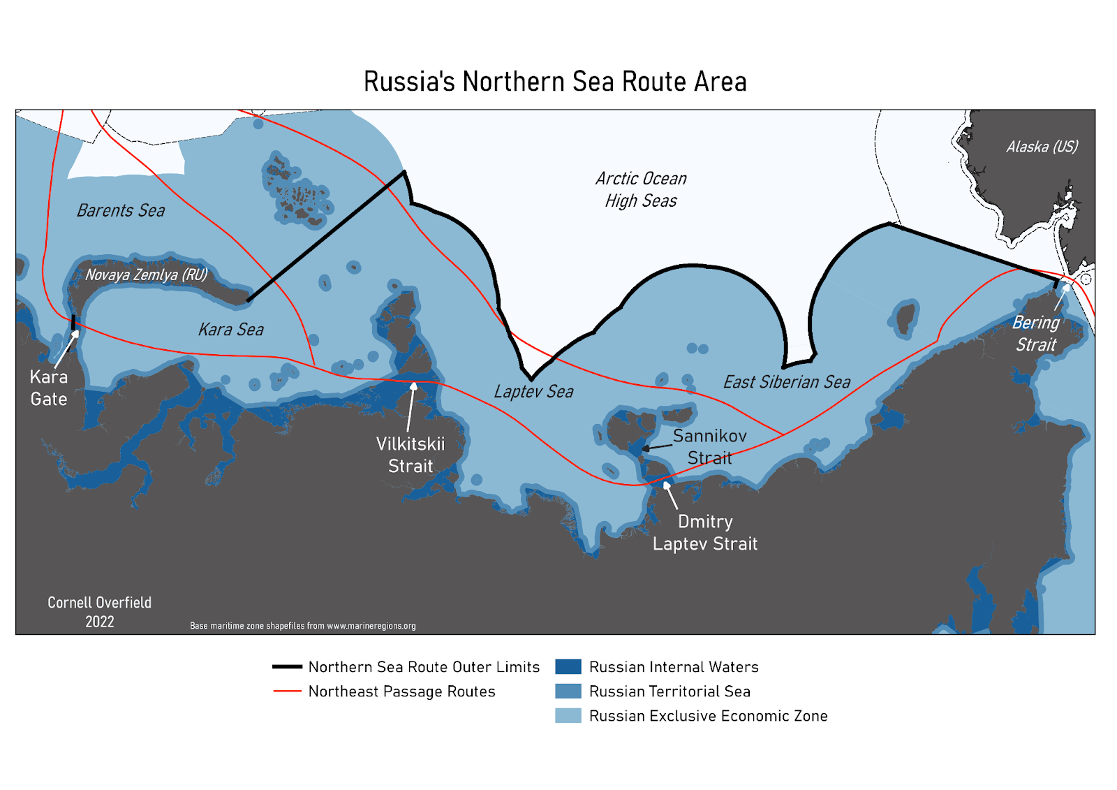 Figure 1 shows the Northern Sea Route area as a part of Russia’s exclusive economic zone (light blue), territorial sea (medium blue), and internal waters (dark blue). The outer limits of the NSR area are marked with a thick black line, running north of Novaya Zemlya, along the outer edge of the Russian EEZ, and down the Russian-U.S. border in the Bering Strait. Possible routes of the Northeast Passage are marked with a red line and key straits are also highlighted. 