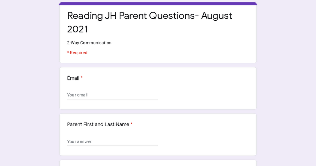 Reading JH Parent Questions- August 2021