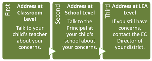First talk to your child's teacher about your concerns, second talk to the principal, third talk with the EC Director.