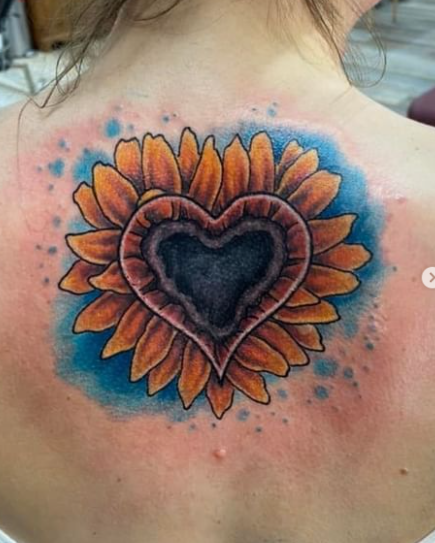 Colorful Sunflower Heart Tattoo Design On The Back