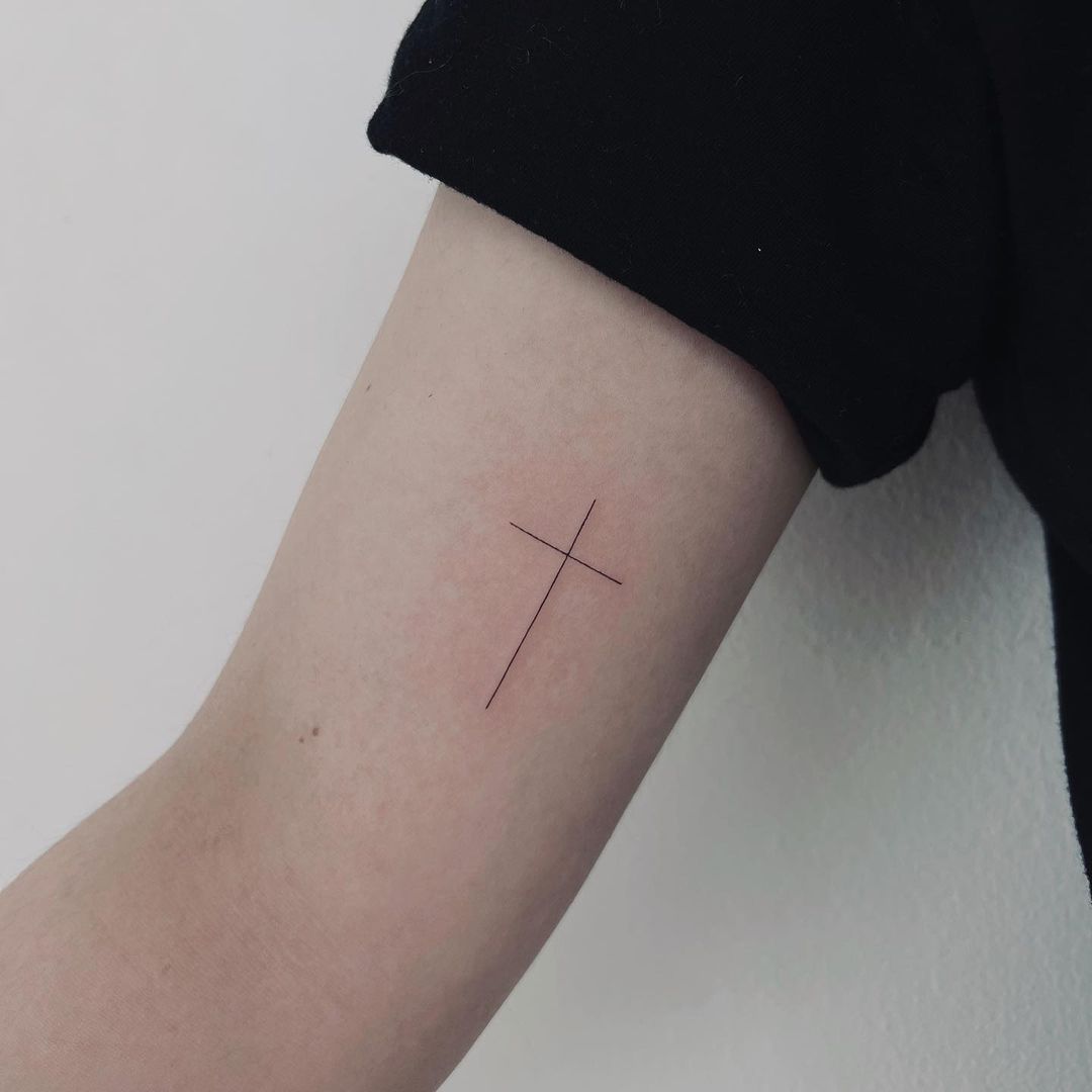Grey Line Cross Tattoo