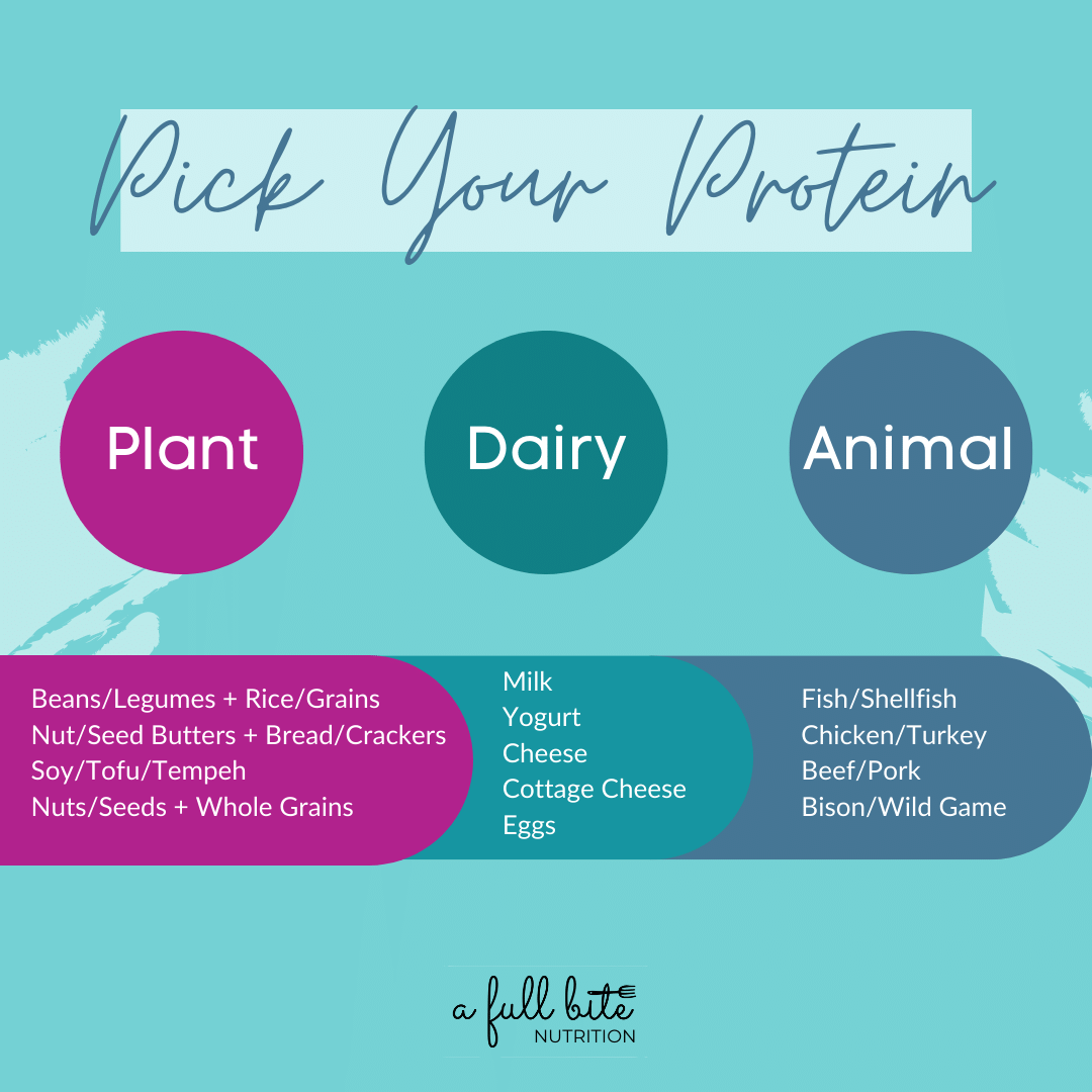 Infographic showing Plant, Dairy and Animal protein ideas for balanced lunchbox ideas for adults