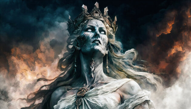The image showcases Hel, whose skin appears sunken and grey, with entirely white eyes. 