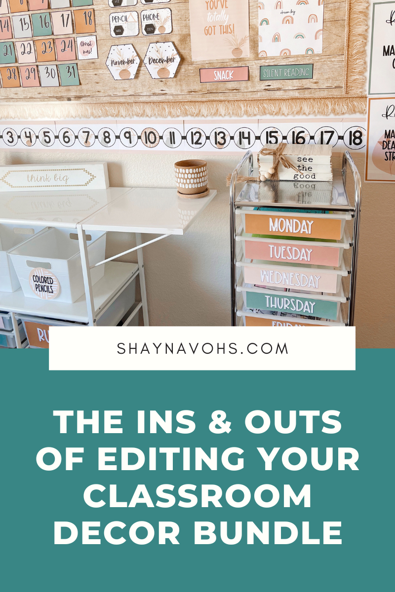This image shows a boho classroom theme with neutral colors and reads "the ins and outs of editing your decor bundle"
