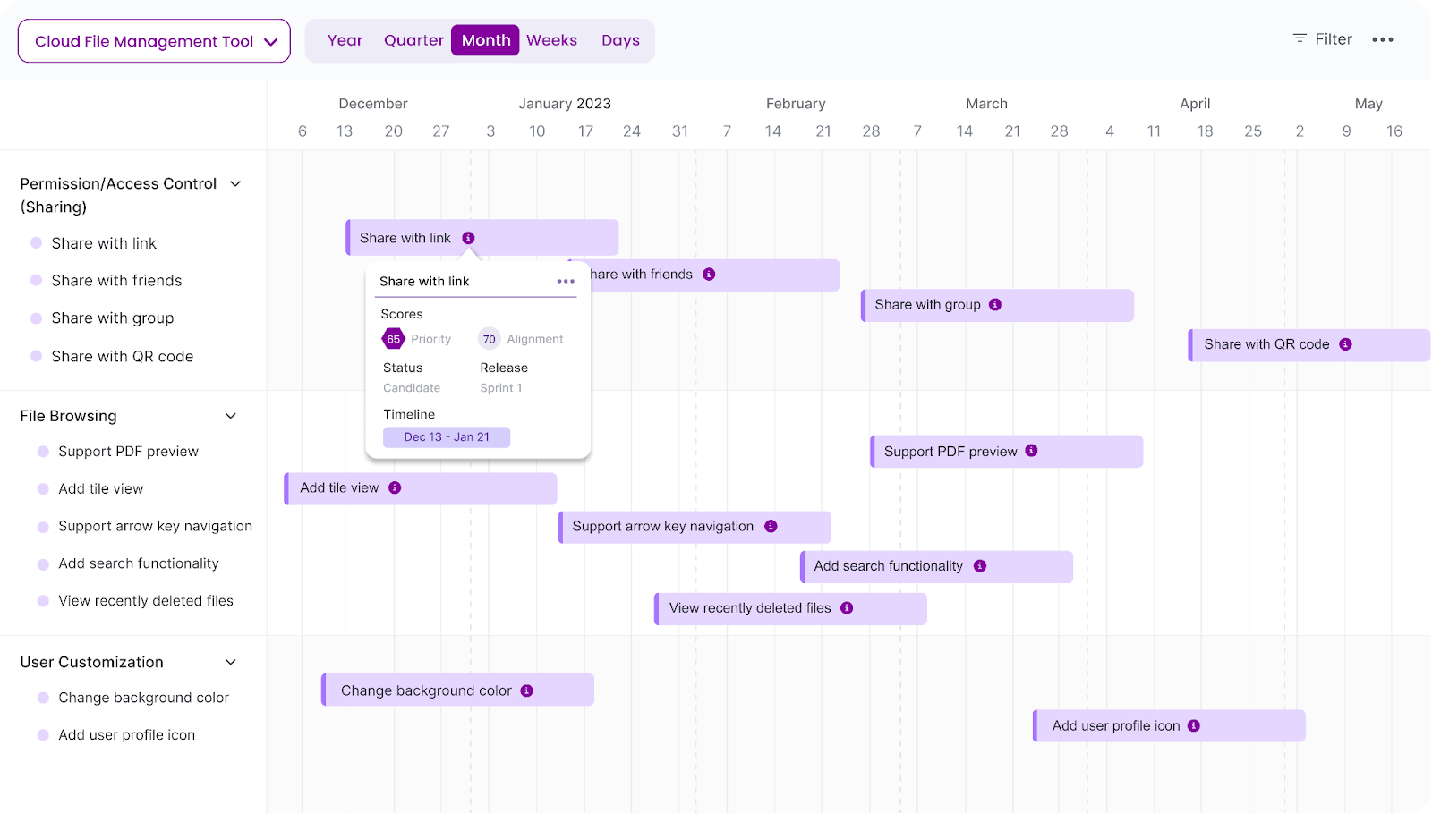 Chisel's Timeline View shows a calendar that illustrates how specific features allocate time, providing valuable high-level insights.