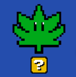 Picture of a marijuana leaf coming out of a question box from Super Mario Brothers video game