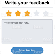 The heading reads, 'write your feedback'. The section below shows five star symbols in a row. Among which first three are highlighted.The next section shows a text box labeled, 'Write your feedback here. . .'The bottommost section shows a 'submit feedback' button.