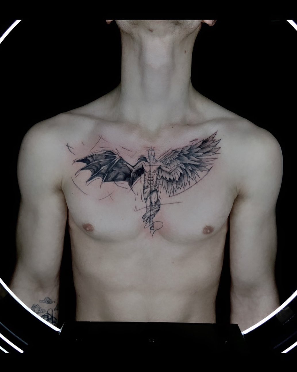One Sided Angel One Side Devil Chest Tattoo