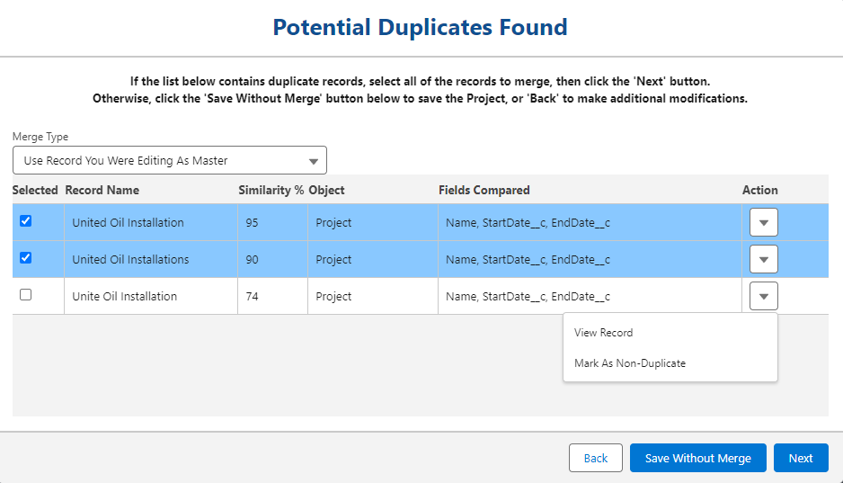 Detecting duplicate Projects