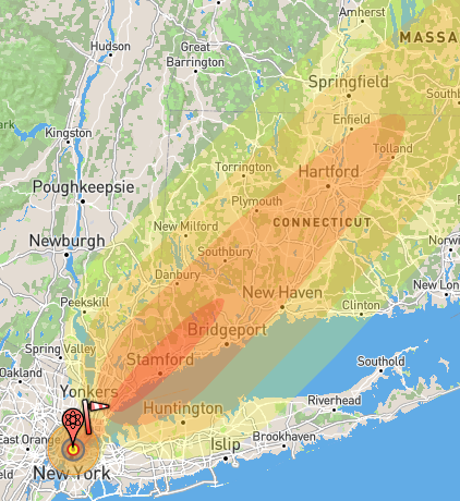 The bright red and slightly less bright red indicate fallout contour for 1,000 rads and 100 rads per hour, covering 1,140 km² and 7,080 km² respectively, from a 1,000 kiloton ground burst. Nukemap settings