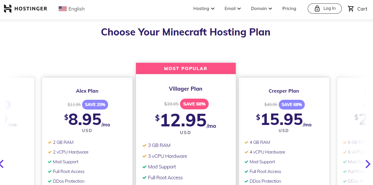 Hostinger web hosting plans (Minecraft)