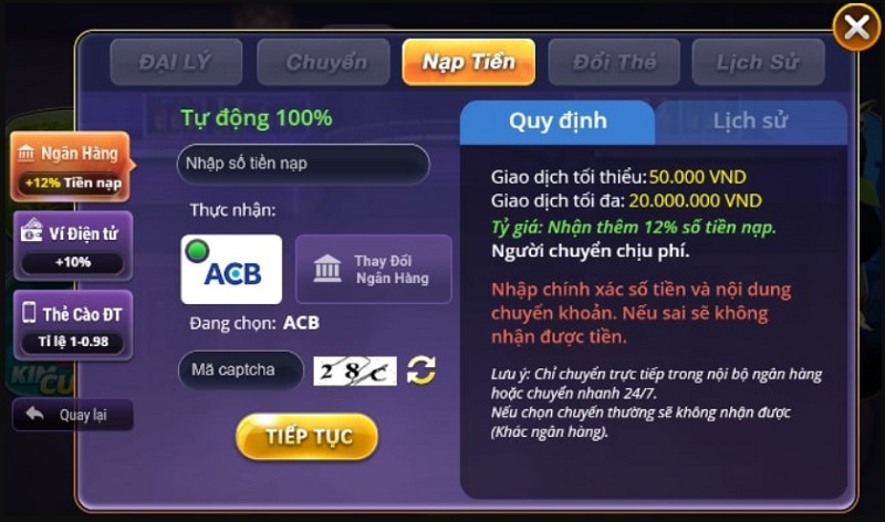 Nạp tiền nhanh chóng tại cổng game bài B29 Club