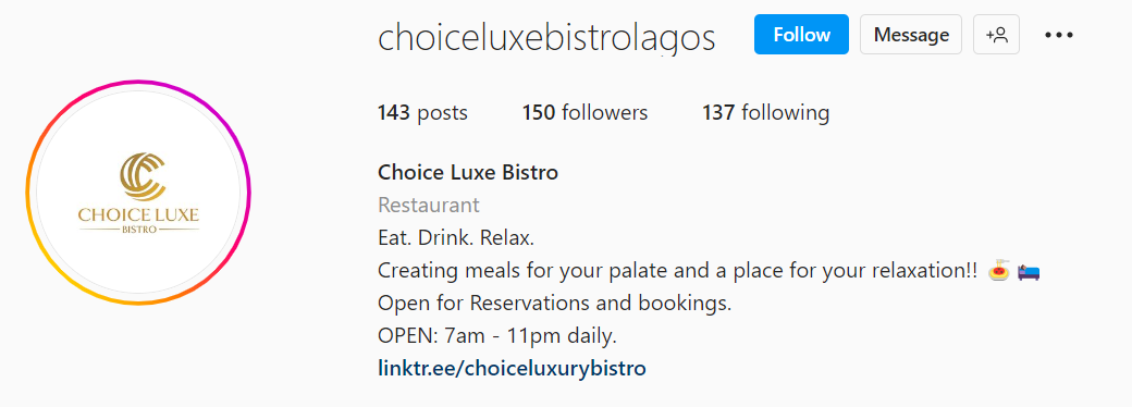 Instagram bio ideas for restaurants and coffee shops, choice luxe bistro