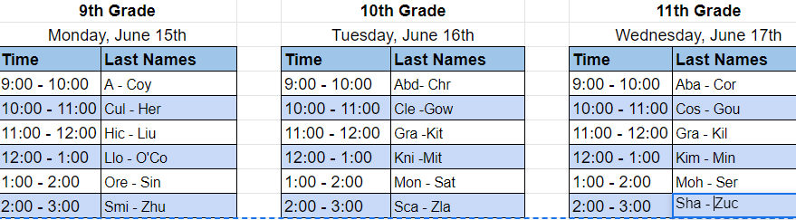 Students are assigned the following time slots Students are assigned the following time slots