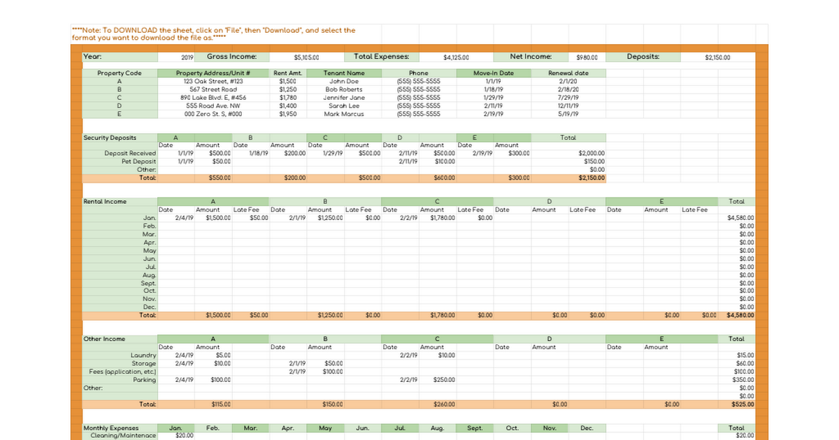 Rental Income And Expense Worksheet Google Sheets