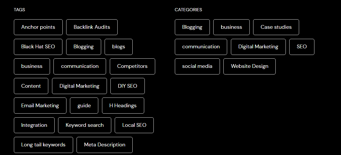 Categories and tags section blogs
