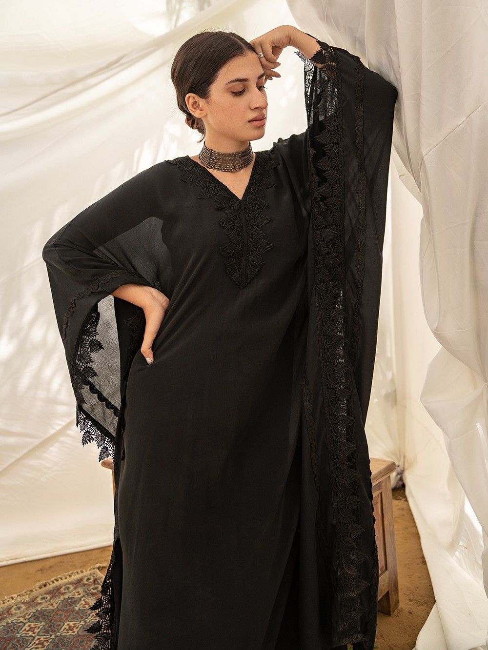 the loom - Black Lace Crepe Kaftan 