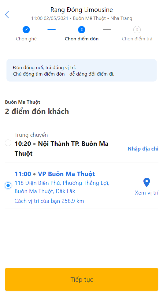 Chọn giờ, chọn chỗ, điểm đón/trả và điền đầy đủ thông tin.