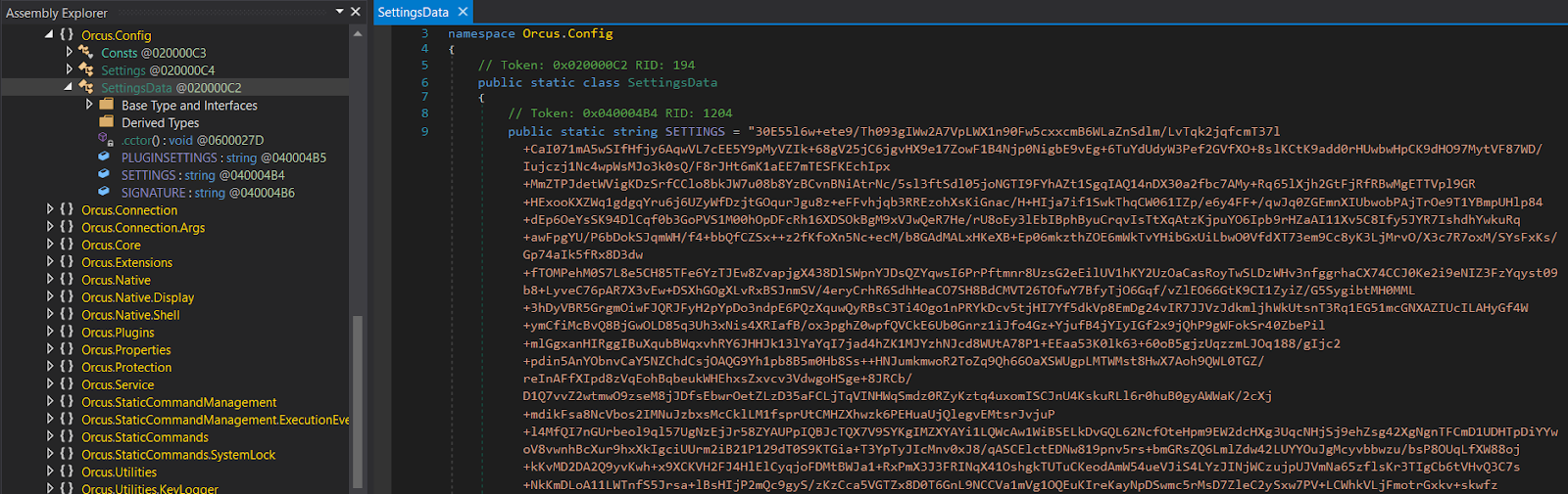 Orcus.Config.SettingsData class overview in DnSpy
