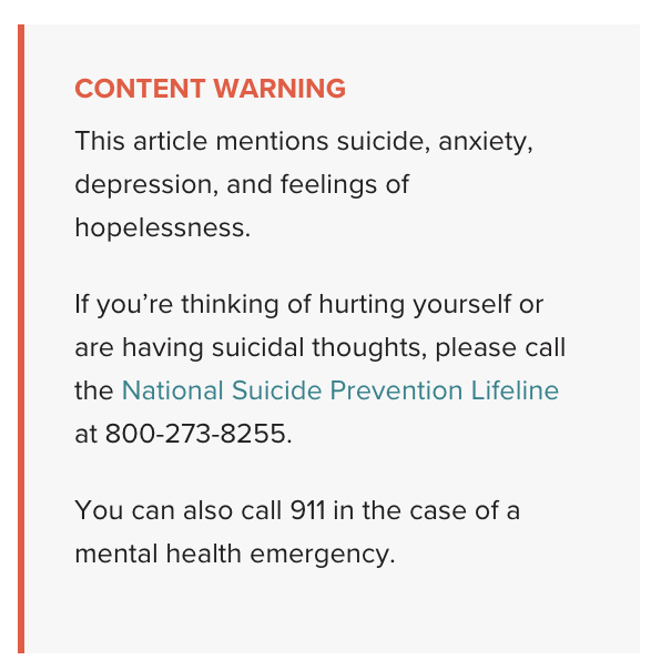 Trigger Warnung des Artikels Trigger Warnung des Artikels. In dem Text geht es um Suizid, Depressionen und Angststörungen. Daher gibt es eine Trigger Warnung.