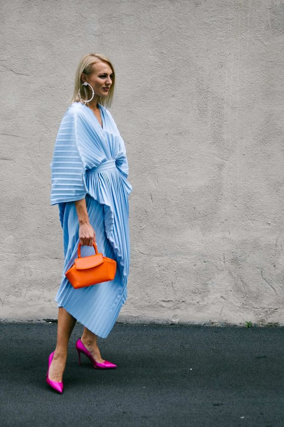 Blue, orange , and pink shoes outfit