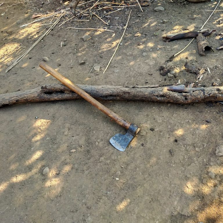 wood axe leaning against a branch on the ground