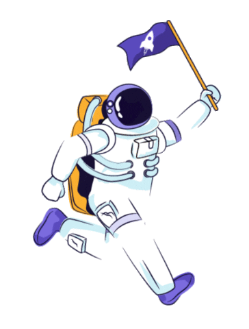 A running astronaut while holding a purple flag.