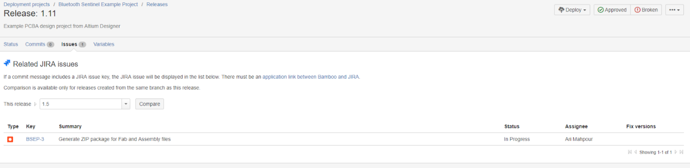 Atlassian Bamboo release screenshot showing linkage of deployment release to specific Jira tickets.