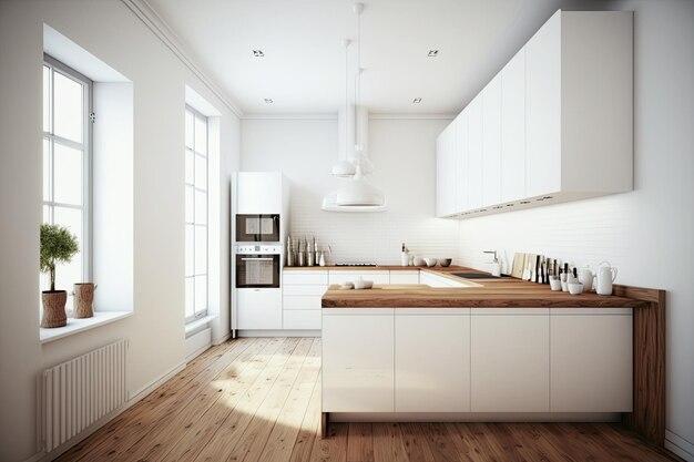 Free photo minimalist modern white kitchen with wooden floor natural light interior design ai generative