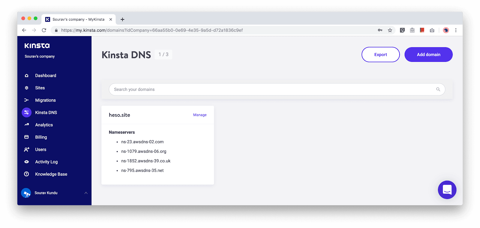 captura de tela do DNS Kinsta