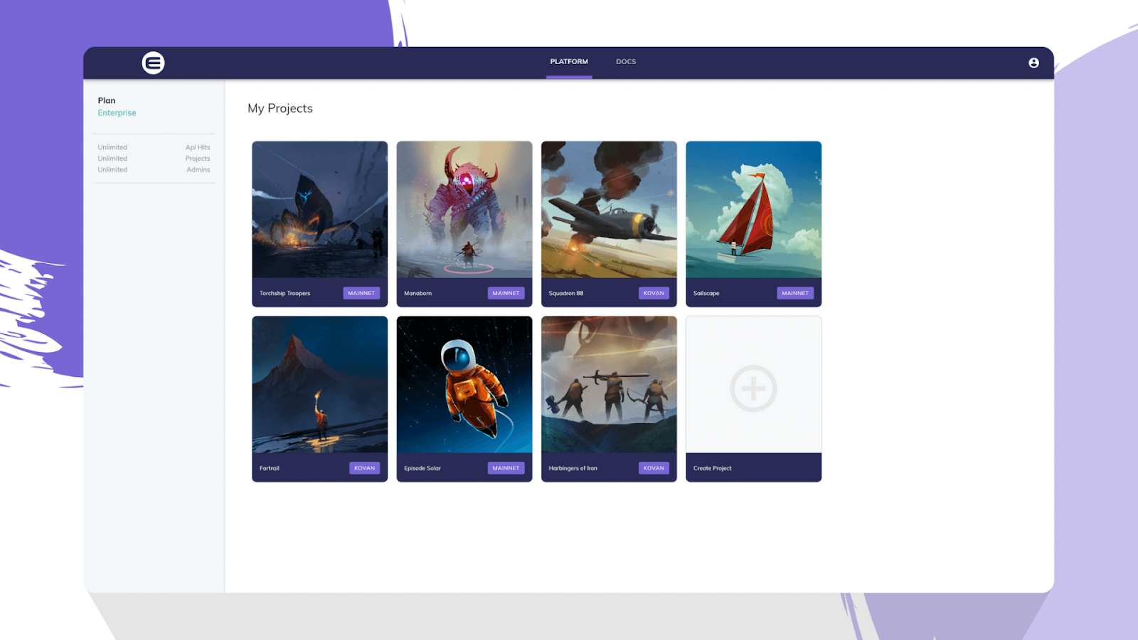 Enjin Platform interface with different NFT items
